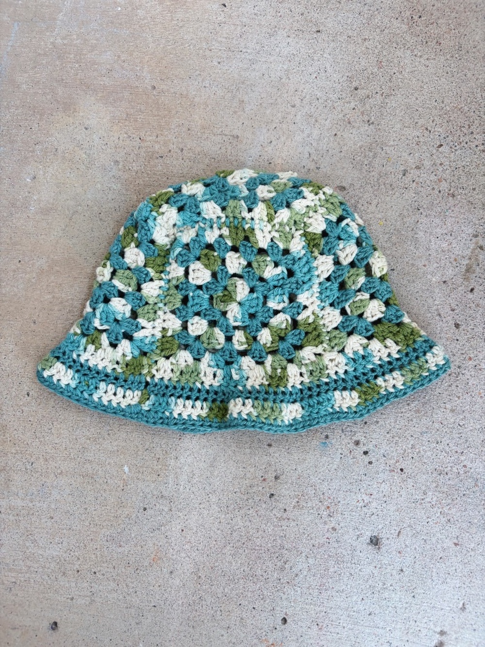 Handmade Crocheted Granny Square Bucket Hat in Teal, Green, and Ivory